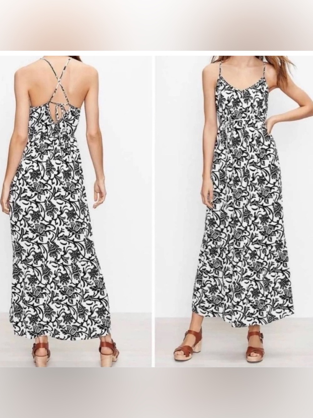LOFT Vine Tie Back Strappy Maxi Balck & White Floral Dress Size S